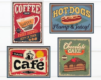 Vintage Kitchen Signs Cross Stitch Pattern Set: Retro Cafe Decor (PDF Format)