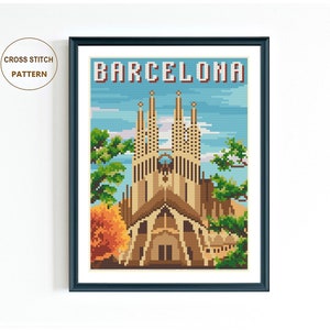 May include: Cross stitch pattern of the Sagrada Familia in Barcelona, Spain. The pattern features a detailed depiction of the iconic church with its intricate towers and facade. The colors are vibrant and the design is intricate.