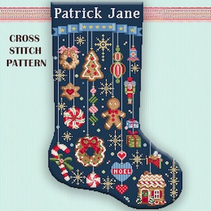 May include: A dark blue cross stitch pattern of a Christmas stocking featuring the name Patrick Jane at the top. The design includes hanging ornaments like a gingerbread person, a nutcracker, a candy cane, wreaths, and a small house.