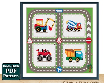 Construction Vehicles Cross Stitch Pattern / Toys Cross Stitch / Truck, Excavator / Counted Cross Stitch / Kid's Crafts/ Digital PDF Pattern