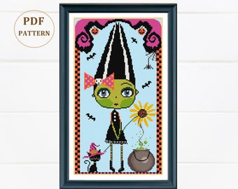 Modèle de point de croix Halloween Petite sorcière (motif numérique)