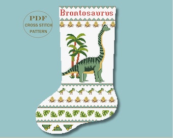 Dinosaur Christmas Stocking Cross Stitch Pattern / Christmas DIY Decor Needlepoint / Instant Download PDF - Medium Size