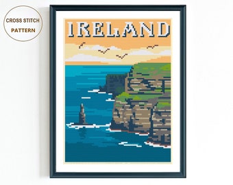 Ireland Landscape Cross Stitch Pattern: Retro Travel Needlepoint (PDF)