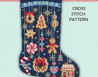 Gingerbread-Christmas Stocking Cross Stitch Pattern /   Candy Cane Needlepoint / Digital PDF Chart - Medium Size