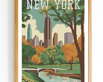 May include: A vintage-style illustration of the New York City skyline with a bridge and trees in the foreground. The text "NEW YORK" is at the top of the image.