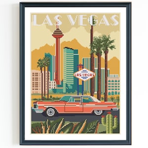 Patrón de punto de cruz de Las Vegas / Bordado con aguja / Punto de cruz de viaje americano / Descarga instantánea en PDF
