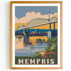 May include: A vintage-style poster with a pixelated image of a bridge over a river in Memphis, Tennessee. The poster has a yellow, blue, and green color scheme and the text "MEMPHIS" at the bottom.