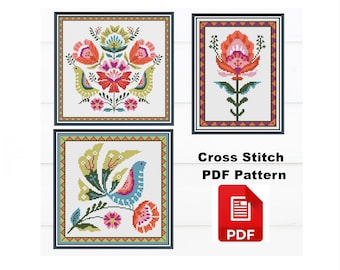 Set of 3 Floral Folk Design Cross Stitch Pattern / Ethnic Needlepoint /Polish Cross stitch / Instant Download PDF Active