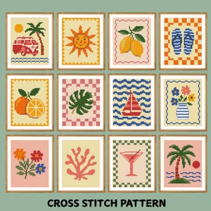 May include: A collection of twelve square cross stitch patterns featuring summer themes including a van, sun, lemons, flip-flops, orange slices, monstera leaf, sailboat, flowers in a vase, coral, cocktail, and palm trees with the text CROSS STITCH PATTERN.