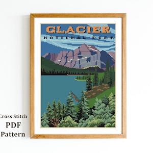 May include: Cross stitch pattern of a vintage travel poster for Glacier National Park. The poster features a mountain range, a lake, and trees in shades of blue, green, and brown. The text "GLACIER NATIONAL PARK" is printed in orange and brown.