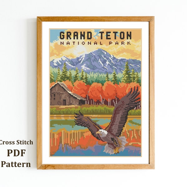 Grand Teton National Park Cross Stitch Pattern / American Landscape / Mountain Cross Stitch / Holiday Needlepoint / Digital PDF Pattern