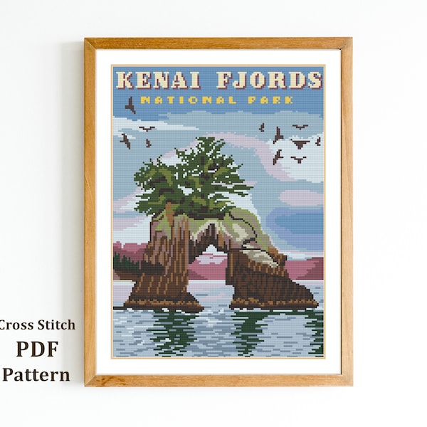Kenai Fjords National Park cross stitch pattern -USA nature landscape Alaska mountains needlepoint pattern - (Digital Format - PDF)