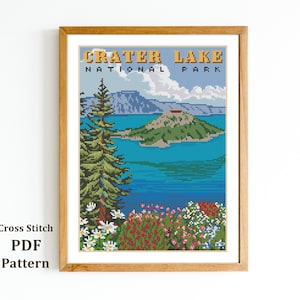 Crater Lake National Park kruissteekpatroon - Amerikaans landschap - Oregon - Lake - bergnaaldpunt - digitaal formaat - pdf