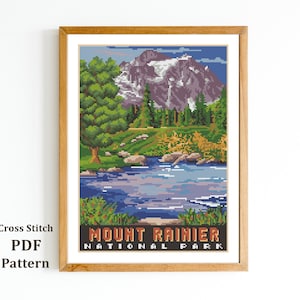 Mount Rainier National Park Cross Stitch Pattern / American Landscape needlepoint  / Digital PDF Pattern