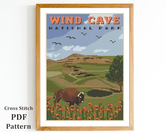 May include: A cross stitch pattern of a vintage travel poster for Wind Cave National Park. The poster features a brown bison in a field of red flowers, a blue sky with white clouds, and the text "Wind Cave National Park".