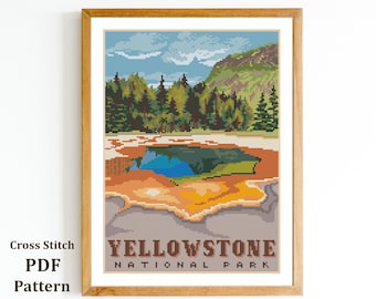 Yellowstone National Park Cross Stitch Pattern: Landscape Needlepoint (Digital Pattern)