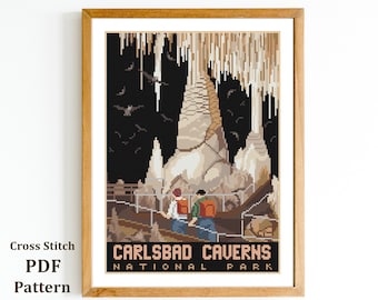 May include: Cross stitch pattern of Carlsbad Caverns National Park. The pattern features a large cave with stalactites and stalagmites, and two people walking on a path. The text "Carlsbad Caverns National Park" is at the bottom of the pattern.