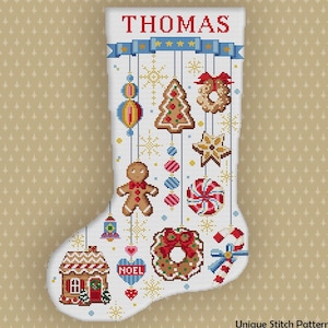 ジンジャーブレッド・クリスマスストッキングのクロスステッチパターン / キャンディケーンニードルポイント / クリスマスデコレーション / デジタルPDFパターン