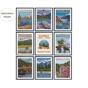 Conjunto de 8 patrones de punto de cruz de parques nacionales de Alaska / Alaska Landcsape / Punto de cruz contado por la naturaleza / Punto de aguja / Patrón PDF digital