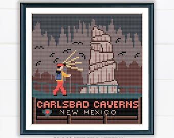 May include: Cross stitch pattern of Carlsbad Caverns in New Mexico. The pattern features a person with a backpack walking towards a large cave formation. The text "Carlsbad Caverns New Mexico" is displayed below the image.