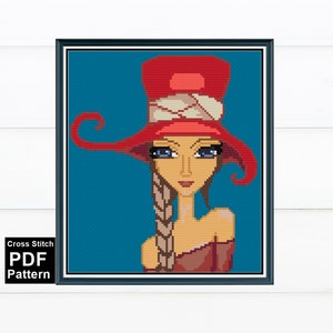 Girl With a big #4 hat cross stitch pattern / Digital PDF Pattern / Nursey cross stitch / Counted Cross Stitch / Kid&#39;s Crafts