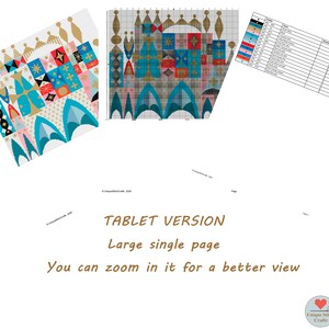 May include: A colourful cross-stitch pattern of a castle with a gold crown, featuring geometric shapes and a variety of colours, including blue, red, yellow, and green. The pattern is labelled "TABLET VERSION Large single page You can zoom in it for a better view".