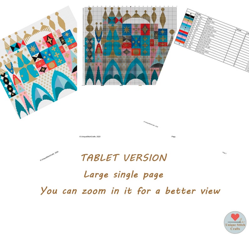 May include: A colourful cross-stitch pattern of a castle with a gold crown, featuring geometric shapes and a variety of colours, including blue, red, yellow, and green. The pattern is labelled "TABLET VERSION Large single page You can zoom in it for a better view".
