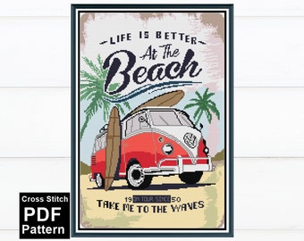 Retro Volkswagen Camper Van Cross Stitch Pattern / Vintage Cross Stitch / Wall Decor / Digital Download-PDF