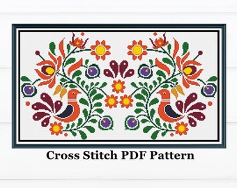Hungarian Folk Art Cross Stitch Pattern: Floral Bird Motif (PDF)