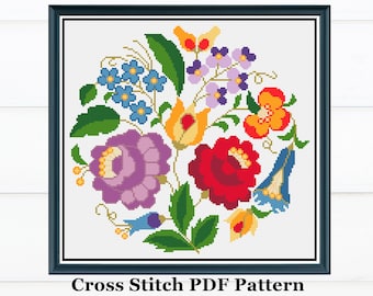 Hungarian Folk Flower Cross Stitch Pattern: Modern Floral Design (PDF)