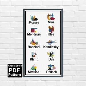 May include: Cross stitch pattern PDF featuring minimalist geometric designs inspired by famous artists, including Picasso, Miró, Mondrian, Klee, Boccioni, Kandinsky, Klimt, Dali, Matisse, and Pollock.