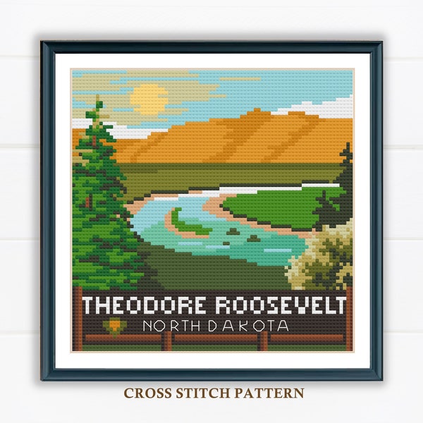 Theodore Roosevelt Cross Stitch Pattern / National Park /  American Landscape / Needlepoint / Digital PDF Pattern