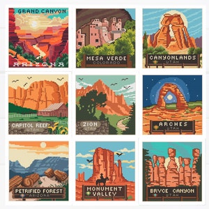 Set of 9 Mini National Parks cross stitch  pattern / The Grand Circle / Grand Canyon-Zion-Canyonland-Arches-Bryce Canyon / PDF Pattern