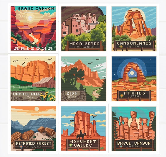 Set of 9 Mini National Parks Cross Stitch Pattern / the