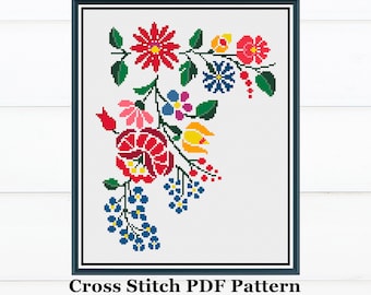 Patrón digital de punto de cruz Flor Húngara n.º 2 / Diseño folclórico para bordar / Descarga instantánea en PDF