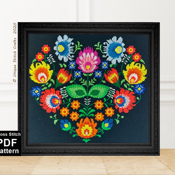 Folk Art Cross Stitch Pattern / Polish Floral Pillow Embroidery / Instant Download PDF