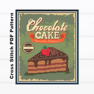 Chocoladetaart Kruissteekpatroon / Retro Keukenborduurwerk / Moderne kruissteek / Digitaal formaat-PDF