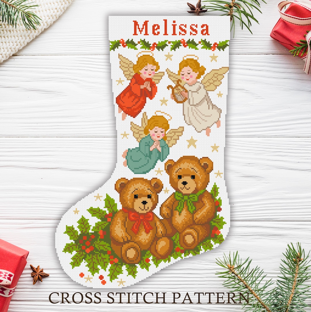 Angel and Teddy Bear Christmas Stocking Cross Stitch Pattern (digital ...