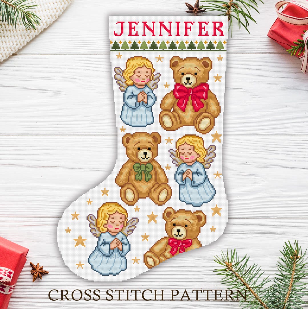 Teddy Bear Cross Stitch Pattern / Christmas Stocking Pattern / Angel ...