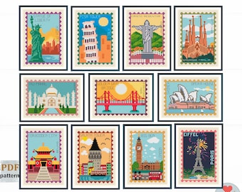May include: A set of 12 colorful cross-stitch patterns featuring famous landmarks around the world. Each pattern is framed with a vintage postage stamp design. The landmarks include the Statue of Liberty, the Eiffel Tower, Big Ben, the Taj Mahal, the Golden Gate Bridge, and more.