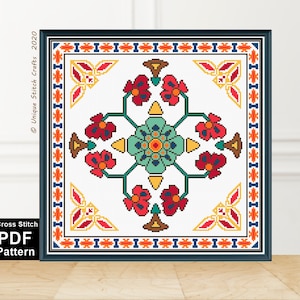 Modern Folk Cross Stitch Pattern / Pillow Embroidery / Modern Floral Cross Stitch / Instant Download PDF