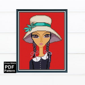 Girl With a big hat cross stitch pattern / Digital PDF Pattern / Nursey cross stitch / Counted Cross Stitch / Kid&#39;s Crafts
