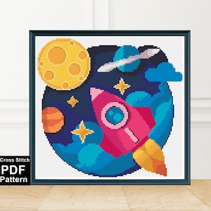 Colorful Spaceship Cross Stitch Pattern / Nursery Cross Stitch / Galaxy Solar System Cross Stitch / Digital PDF Pattern