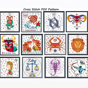 Set di 12 segni di oroscopo-schema punto croce / punto croce zodiaco / versione digitale-PDF
