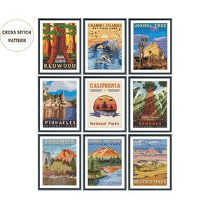 Set of 8 California National Parks Cross Stitch Pattern / Death Valley, Joshua Tree,Lassen Volcanic, Seequoia, Yosemite/ Digital PDF Pattern