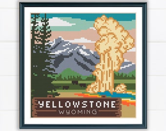 May include: Cross stitch pattern of a colourful landscape with a geyser erupting in the foreground. The sign reads "Yellowstone Wyoming".