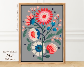 Modern Folk Art Cross Stitch Digital Pattern / Traditional Embroidery / Instant Download PDF