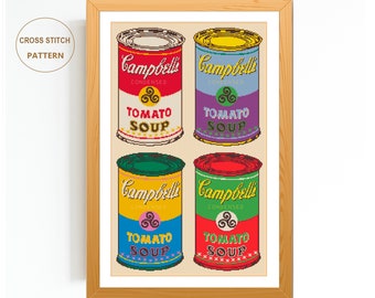 Patrón de punto de cruz de arte pop / Andy Warhol Campbell's Soup Needlepoint / Punto de cruz vintage retro /Descarga instantánea PDF