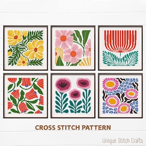 Könnte beinhalten: Ein Set aus sechs quadratischen Kreuzstichmustern mit verschiedenen Blumenmotiven in Gelb, Rosa, Rot und Lila mit grünem Blattwerk. Der Text CROSS STITCH PATTERN und Unique Stitch Crafts ist unten im Bild in Braun aufgedruckt.