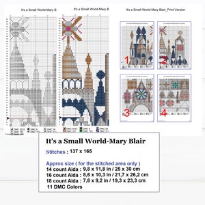 May include: Cross-stitch pattern titled "It's a Small World-Mary Blair." The design features a colorful architectural theme with various buildings and structures. The pattern includes the number of stitches, size, and DMC colors.